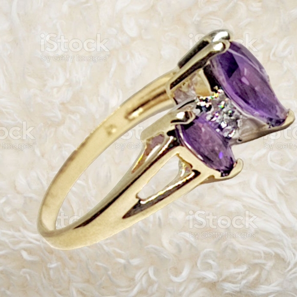 Solid 14k Gold Ring with Marquis Cut Amethyst Gemstones and Round Cut Diamonds - Picture 5 of 7